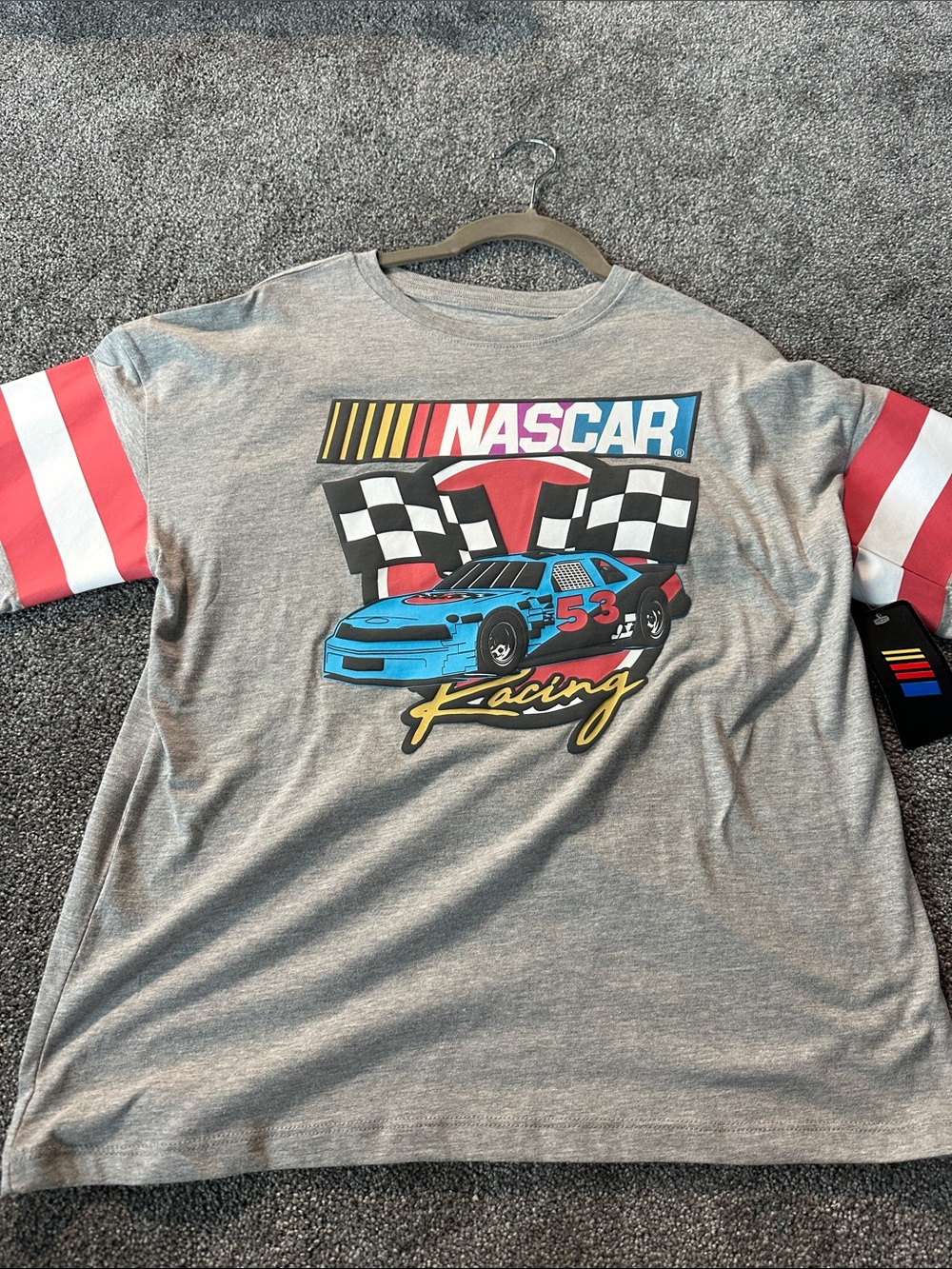 Nascar Gray Tee with Blue Race Car and Red Sleeve Stripes